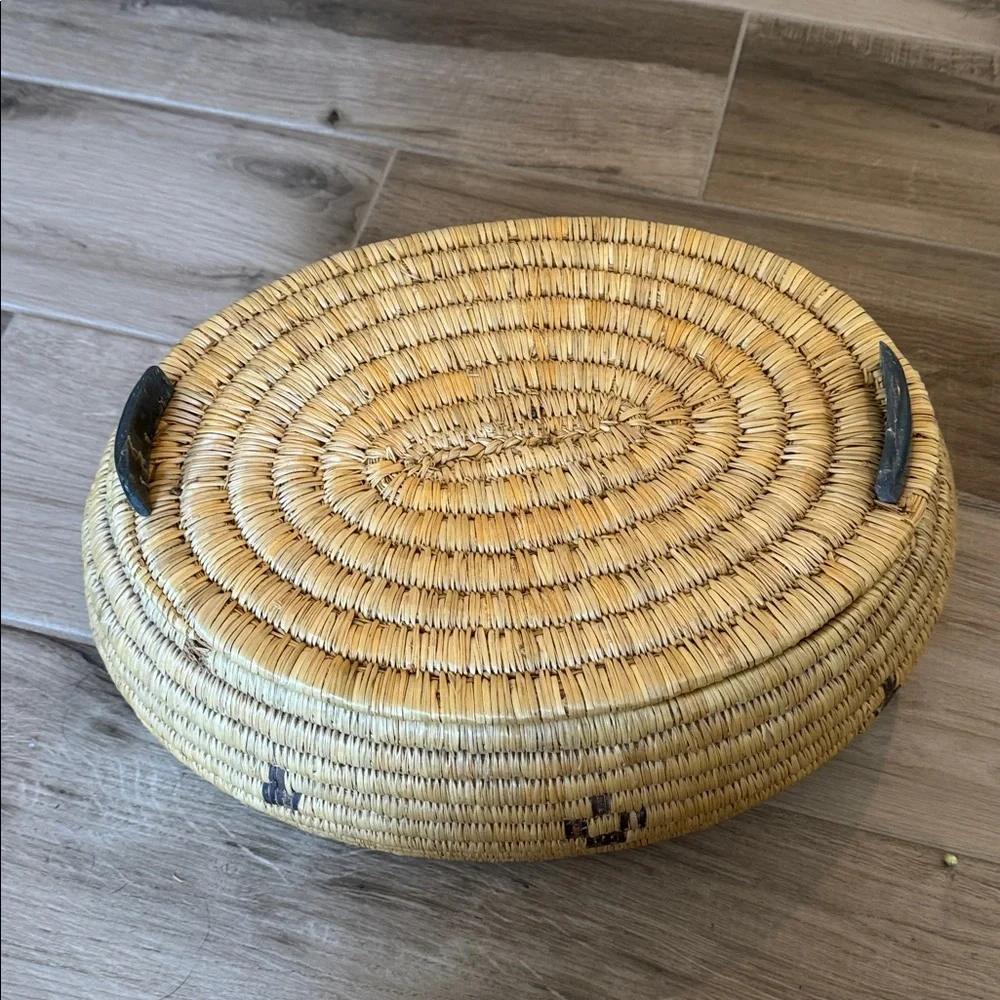 Inuit coil Lyme sea grass woven double soapstone walrus with tusks lid handle